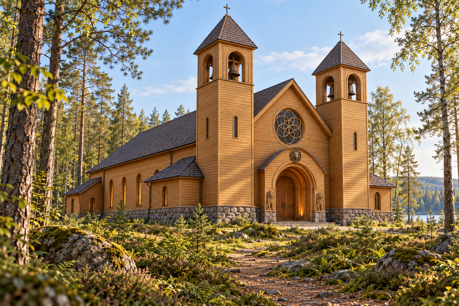 Atmosphere concept of Nature’s Church: a timber church with twin towers in a Swedish forest